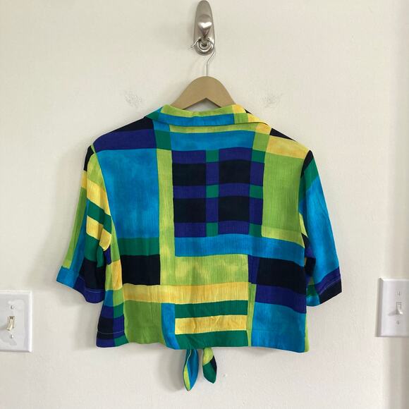 Vintage Cactus Flower Funky Abstract Blue and Green Cropped Tie Blouse - Picture 2 of 6